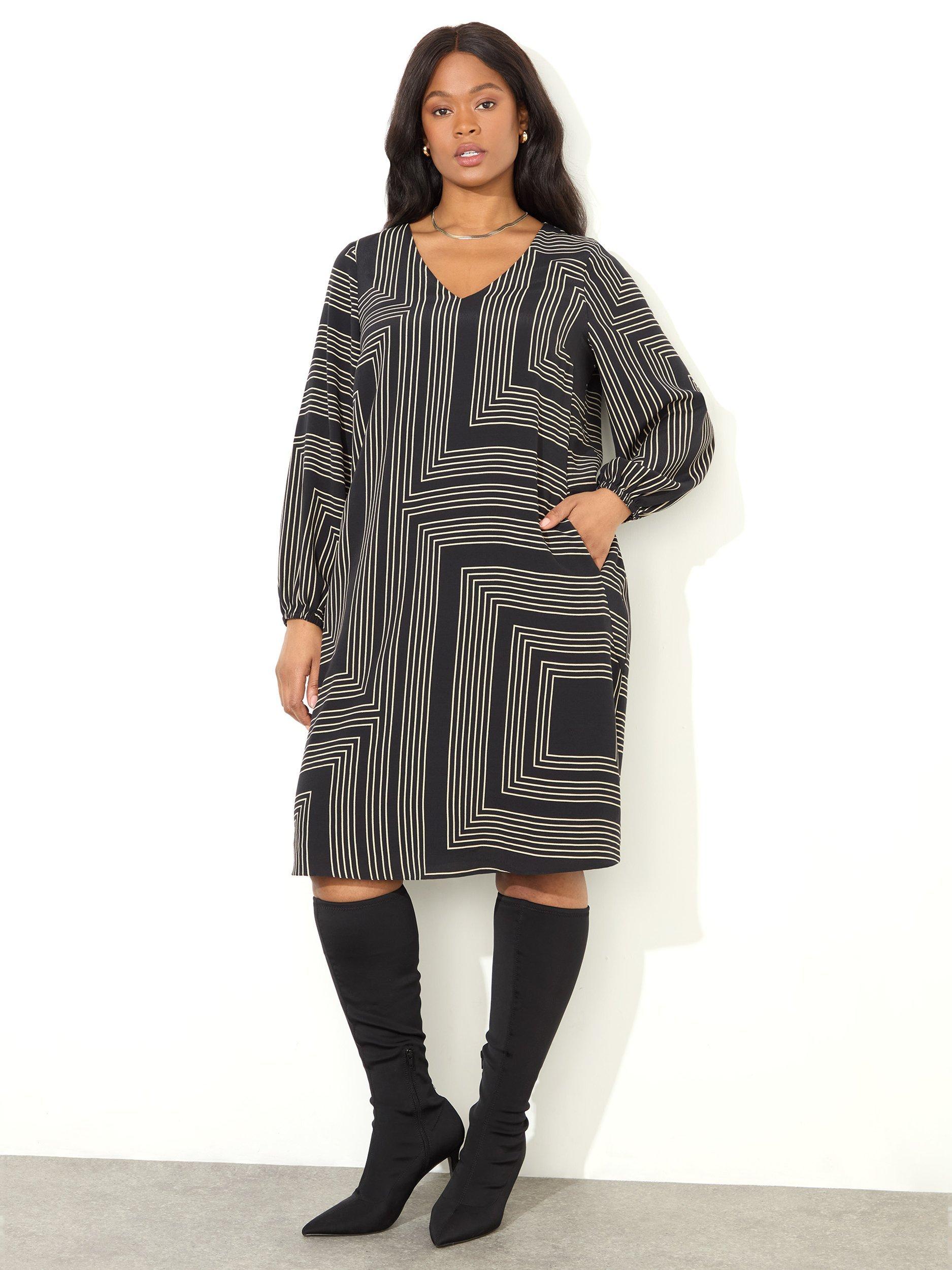 Product image 2 of 5, which shows Live Unlimited Curve Geometric Print Dress, Black/White, 12