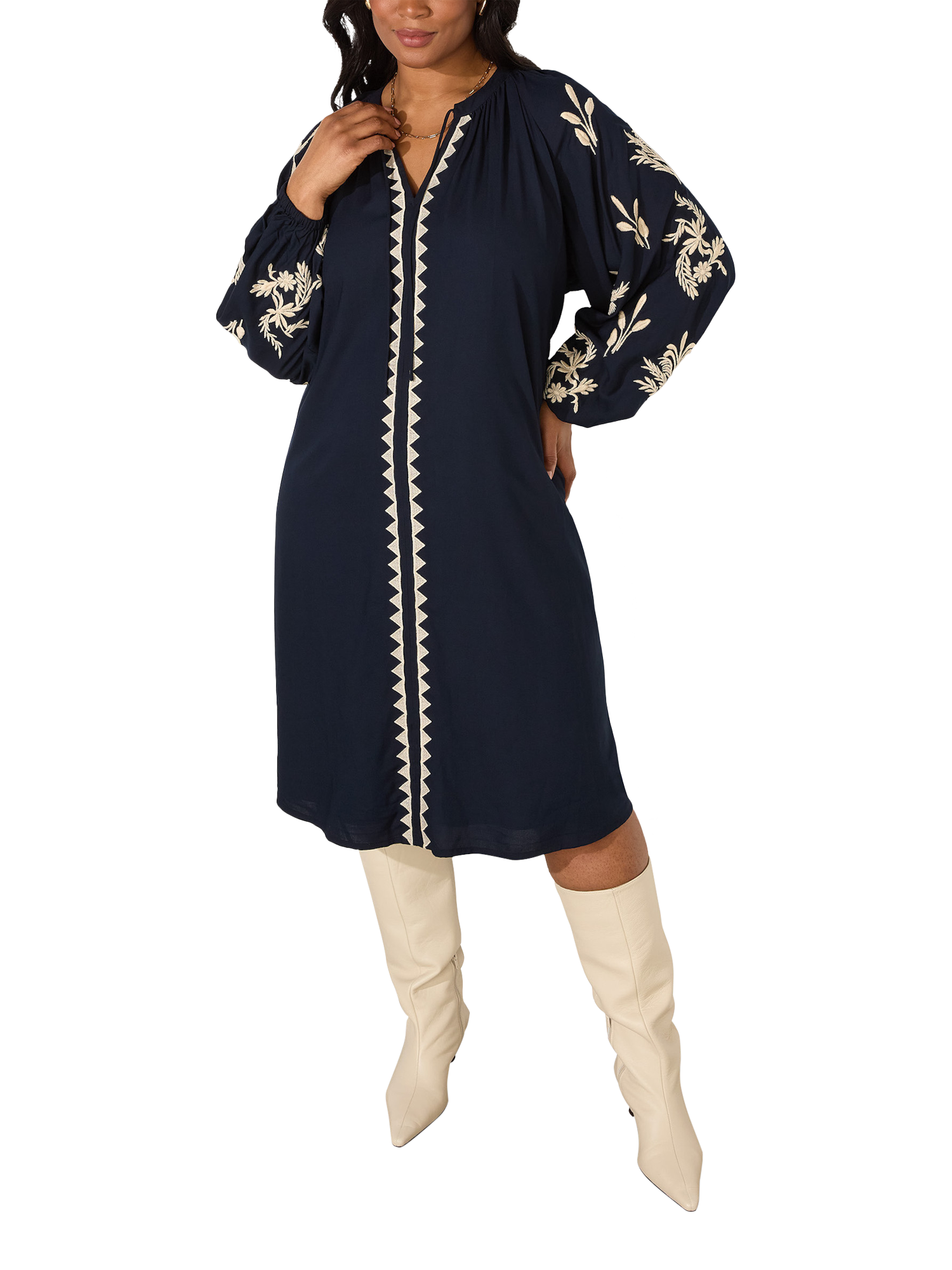 Product image 1 of 3, which shows Live Unlimited Curve Embroidered Sleeve Tie Neck Dress, Blue, 16