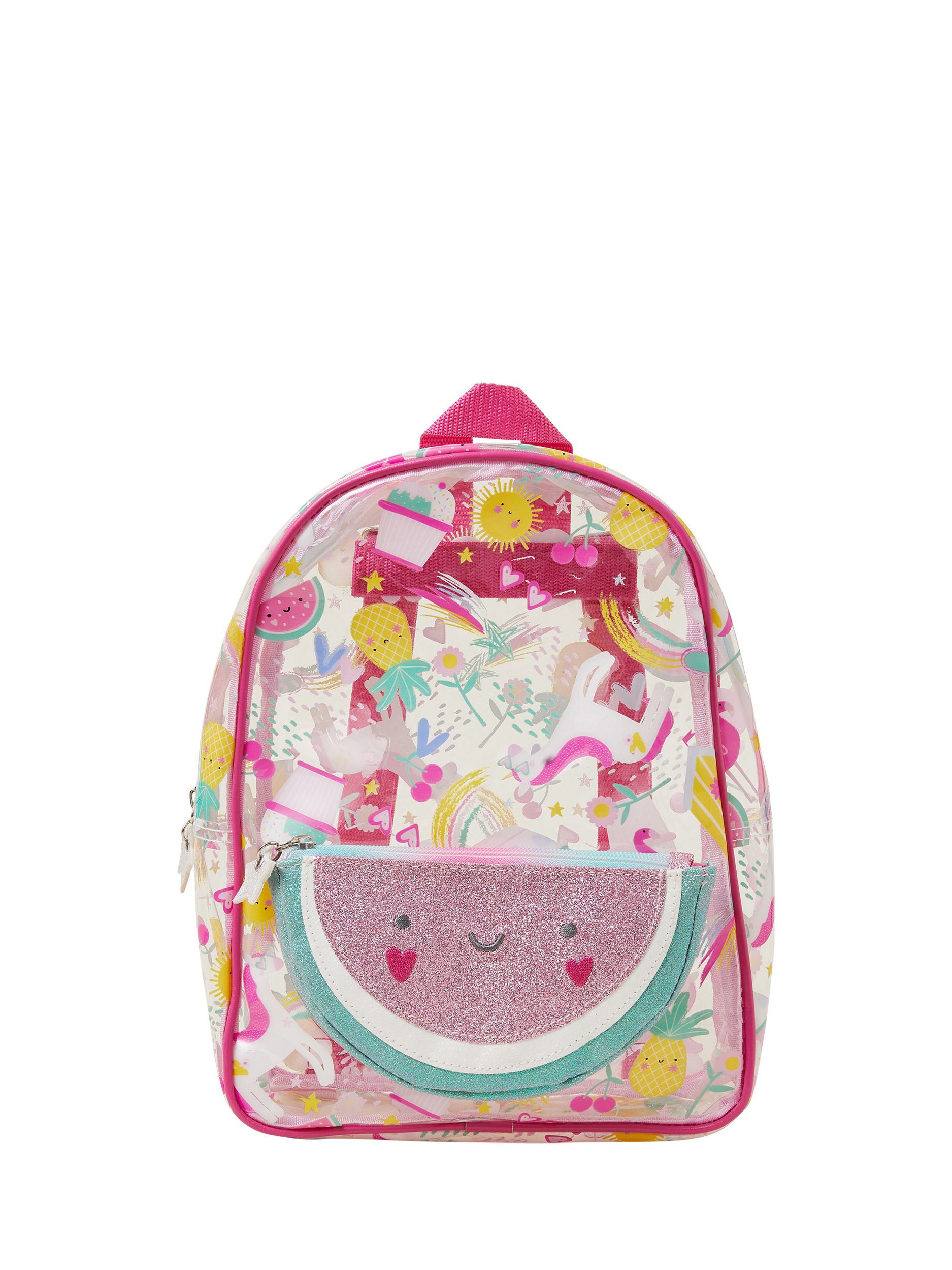 Product image 1 of 4, which shows Angels by Accessorize Kids' Tropical Print Jelly Backpack, Pink/Multi, One Size