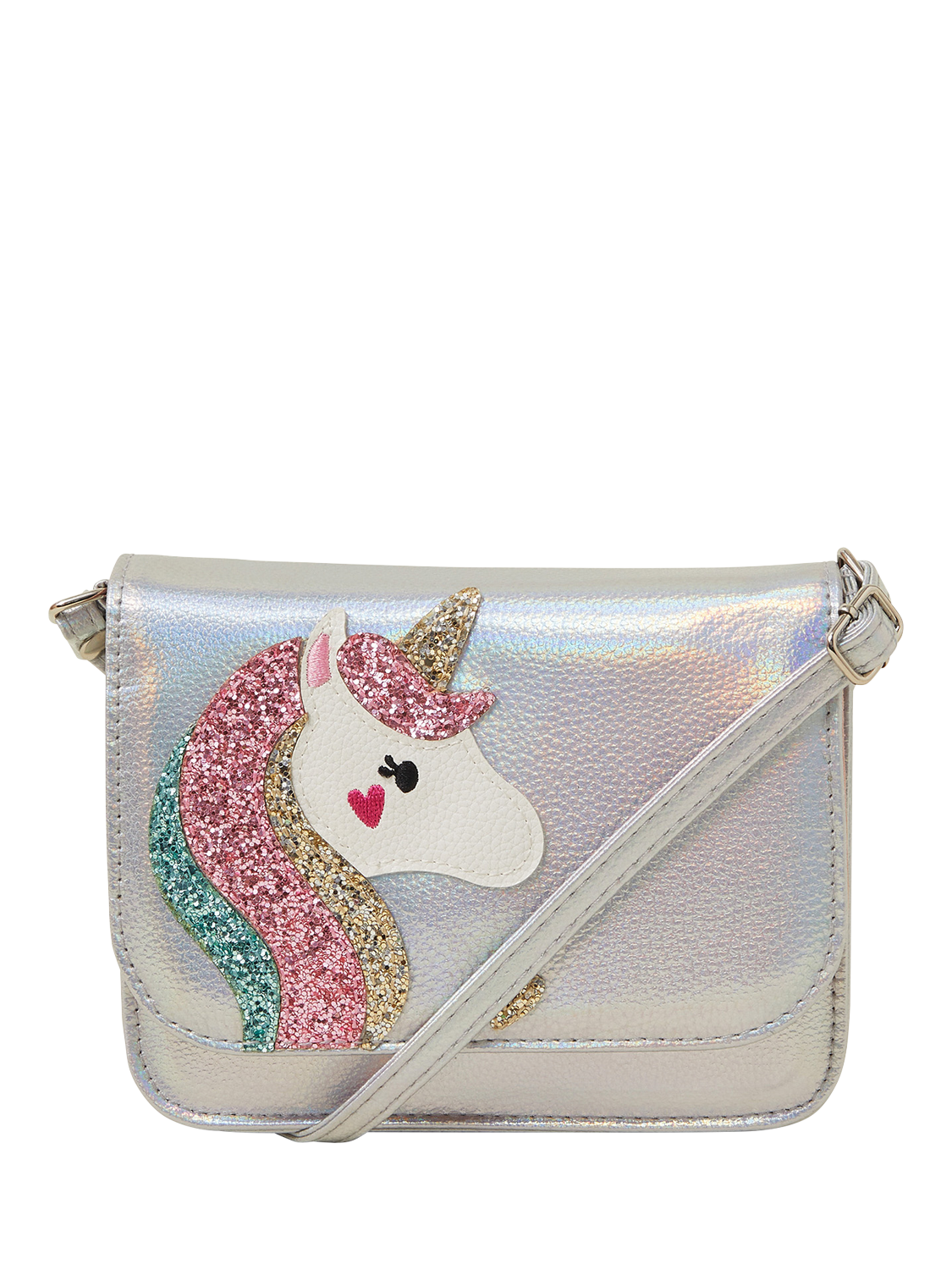 Product image 1 of 4, which shows Angels by Accessorize Kids' Metallic Unicorn Crossbody Bag, Silver/Multi