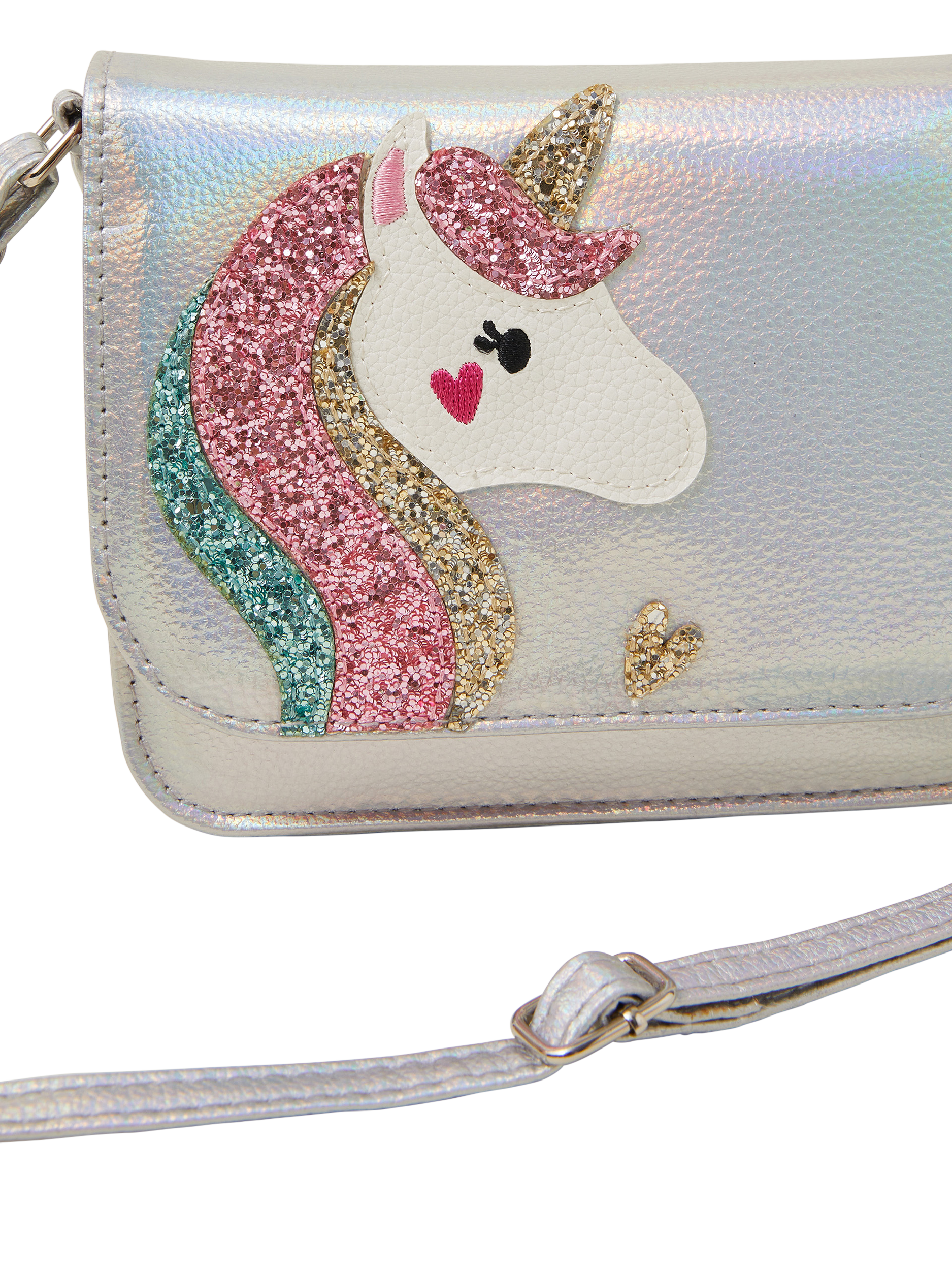 Product image 3 of 4, which shows Angels by Accessorize Kids' Metallic Unicorn Crossbody Bag, Silver/Multi