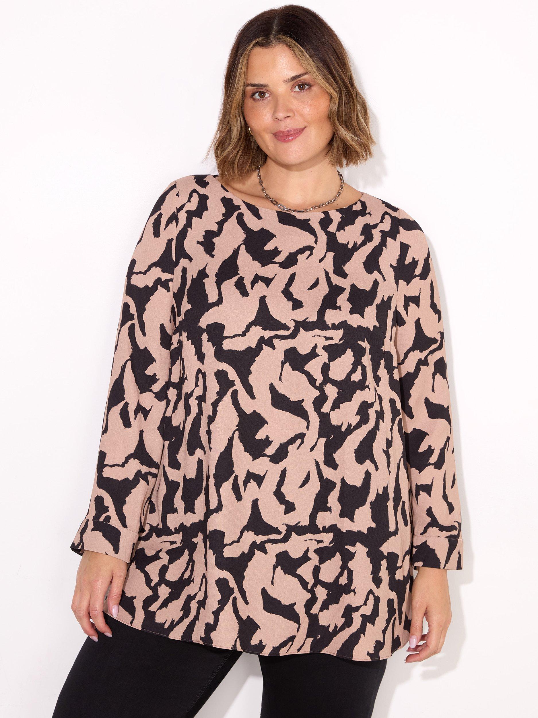 Live Unlimited Petite Abstract Print Slash Neck Tunic Top, Black/Blush
