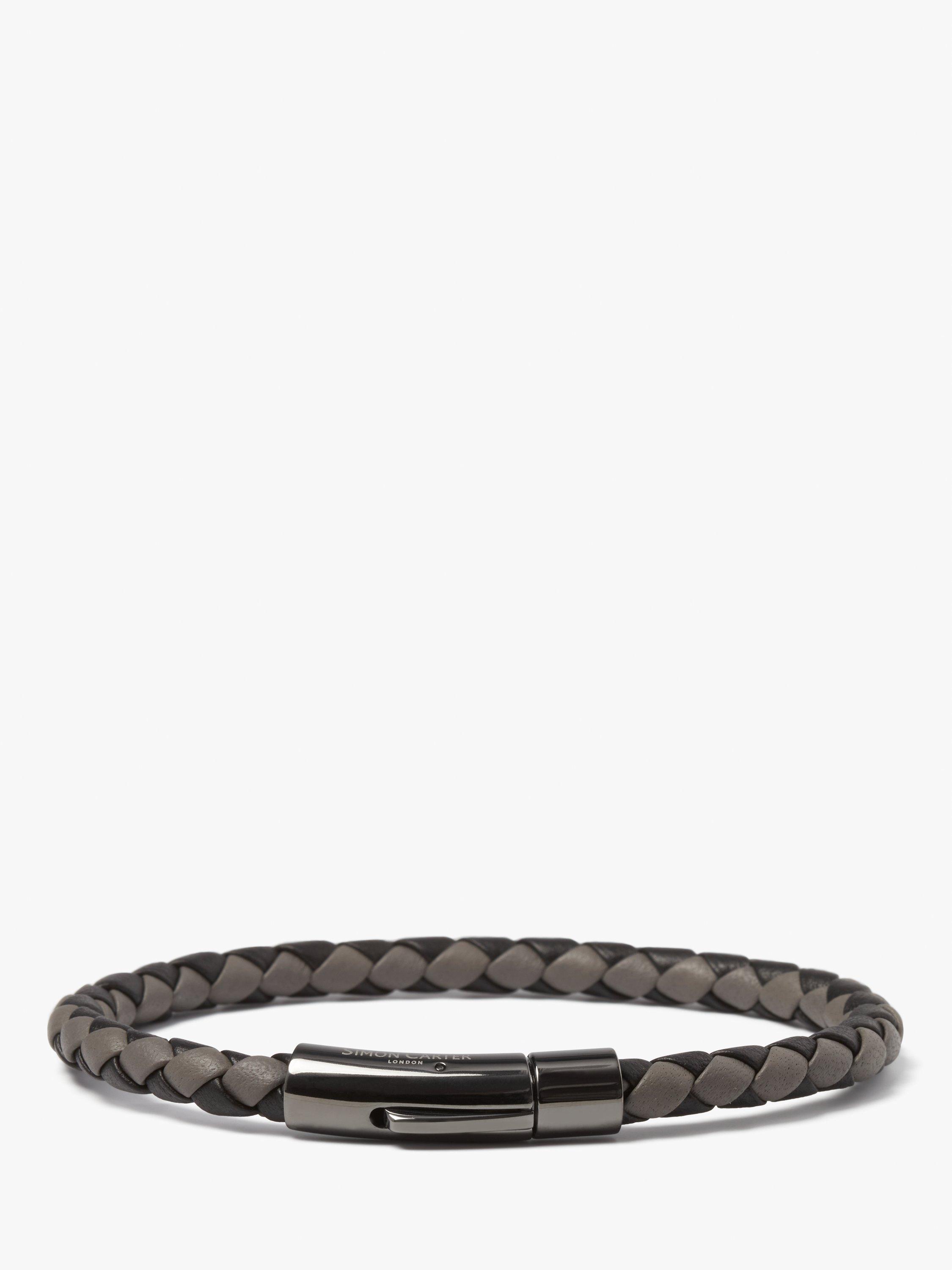 Product image 4 of 5, which shows Simon Carter Newquay Men's Braided Leather Bracelet, Black/Grey