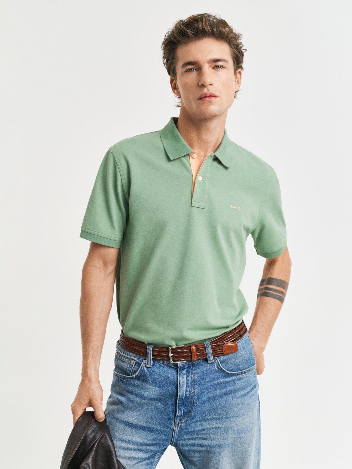 Product image 1 of 4, which shows GANT Cotton Blend Regular Fit Short Sleeve Contrast Polo Shirt, Green/Multi, L