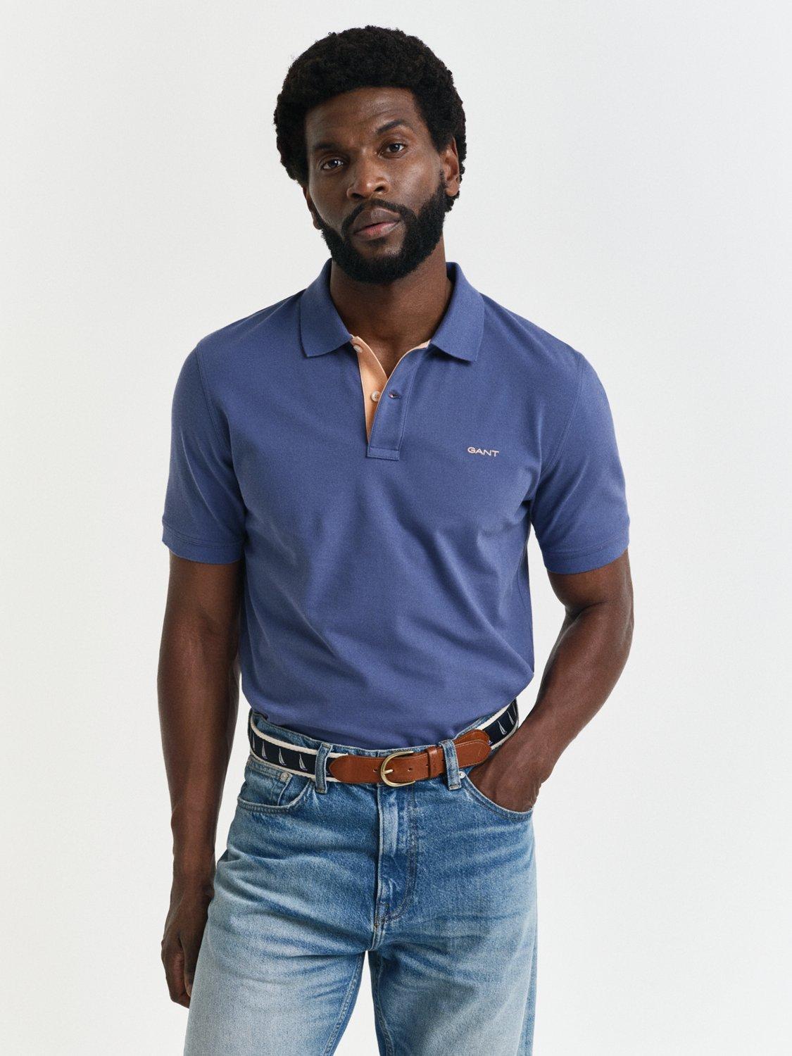 GANT Cotton Blend Regular Fit Short Sleeve Contrast Polo Shirt, Navy/Multi