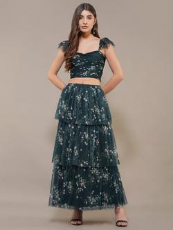 Lace & Beads Marlana Floral Mesh Crop Top, Dark Green/Multi - view 2, Dark Green/Multi