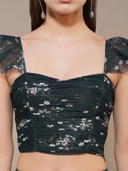 Lace & Beads Marlana Floral Mesh Crop Top, Dark Green/Multi, Dark Green/Multi
