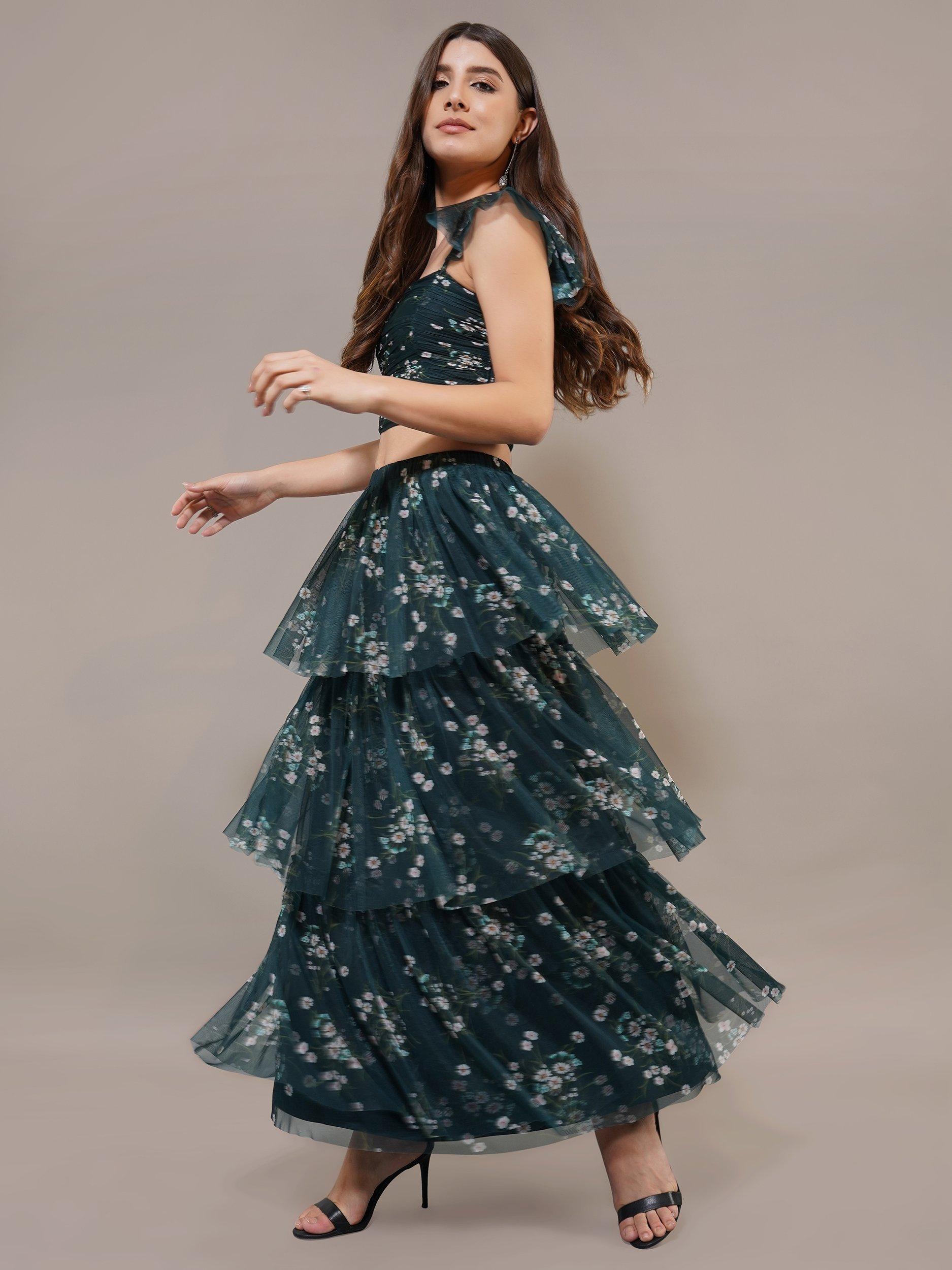 Lace & Beads Valeria Floral Tulle Maxi Skirt, Dark Green/Multi