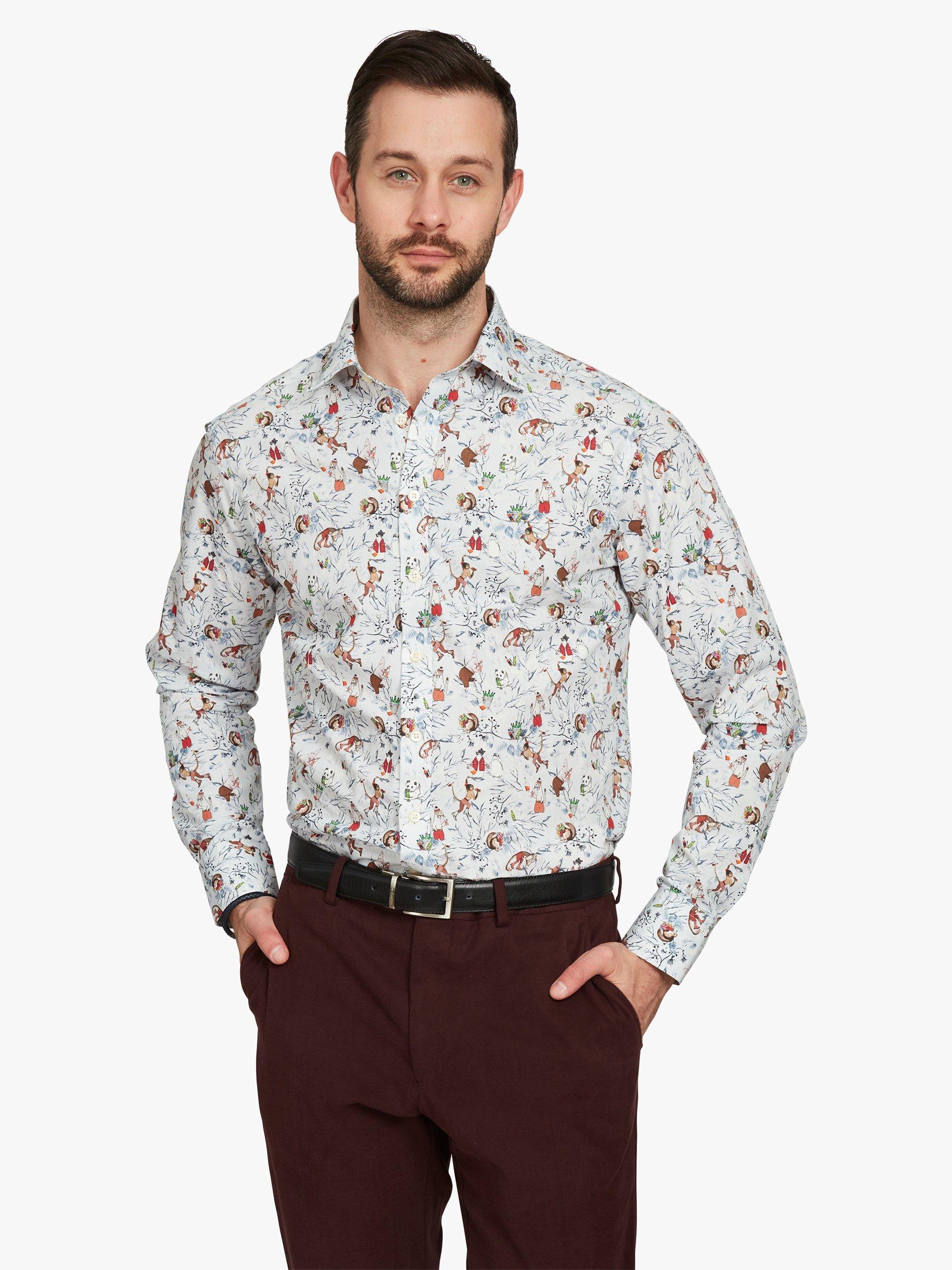 Product image 1 of 7, which shows Simon Carter Boozy Animals Print Cotton Shirt, Grey/Multi, 16/R