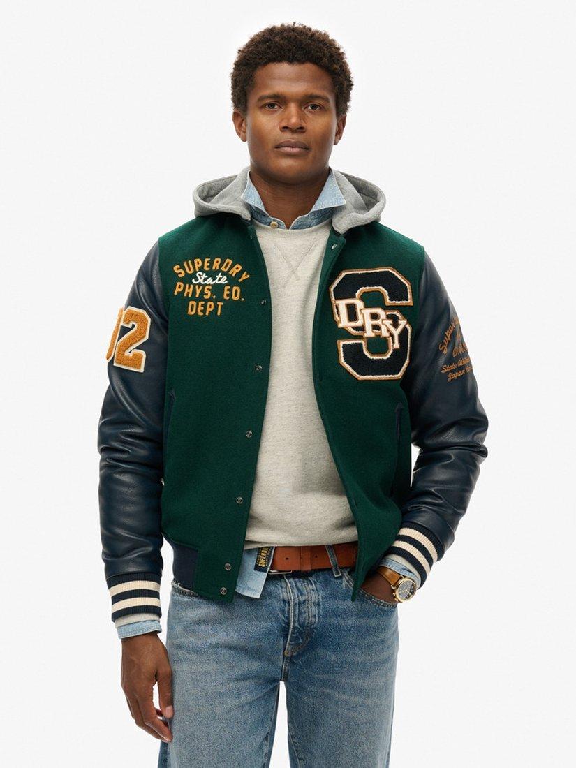 Product image 1 of 6, which shows Superdry Hooded College Patched Bomber Jacket, Dark Pine Green, S
