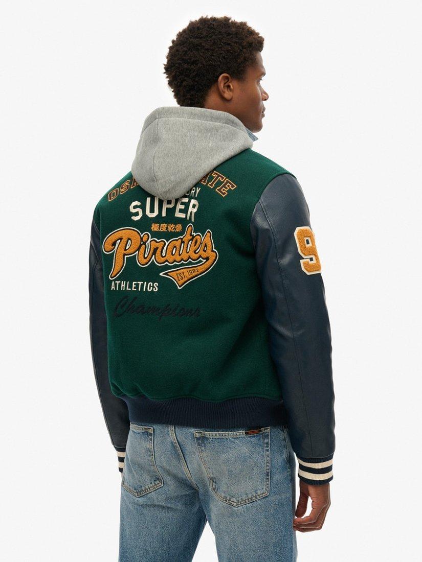 Product image 2 of 6, which shows Superdry Hooded College Patched Bomber Jacket, Dark Pine Green, S