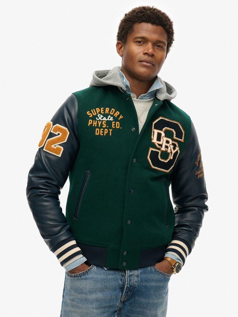 Product image 3 of 6, which shows Superdry Hooded College Patched Bomber Jacket, Dark Pine Green, S