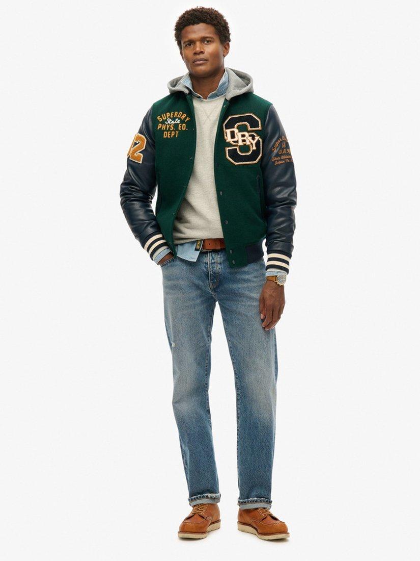Product image 4 of 6, which shows Superdry Hooded College Patched Bomber Jacket, Dark Pine Green, S