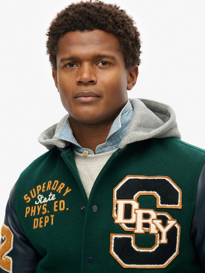 Product image 5 of 6, which shows Superdry Hooded College Patched Bomber Jacket, Dark Pine Green, S