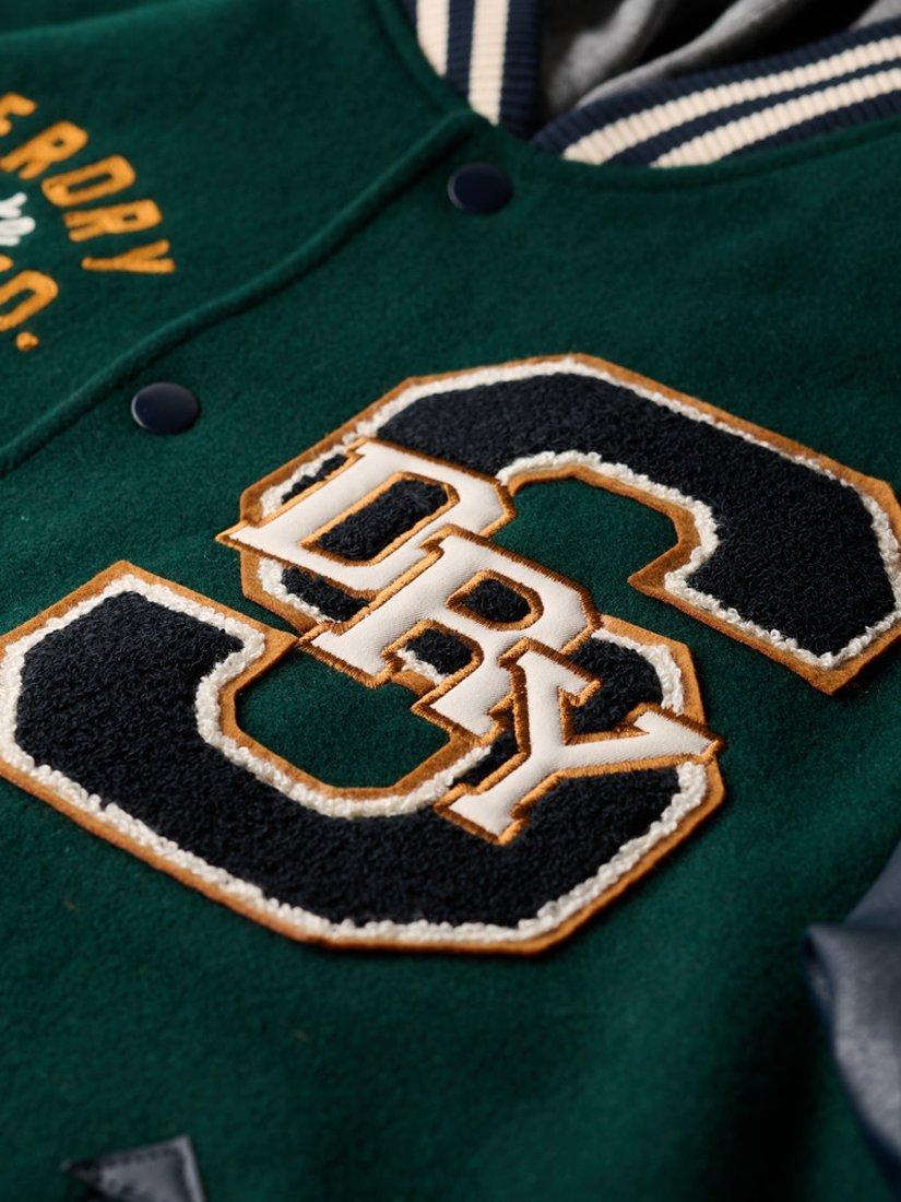 Product image 6 of 6, which shows Superdry Hooded College Patched Bomber Jacket, Dark Pine Green, S