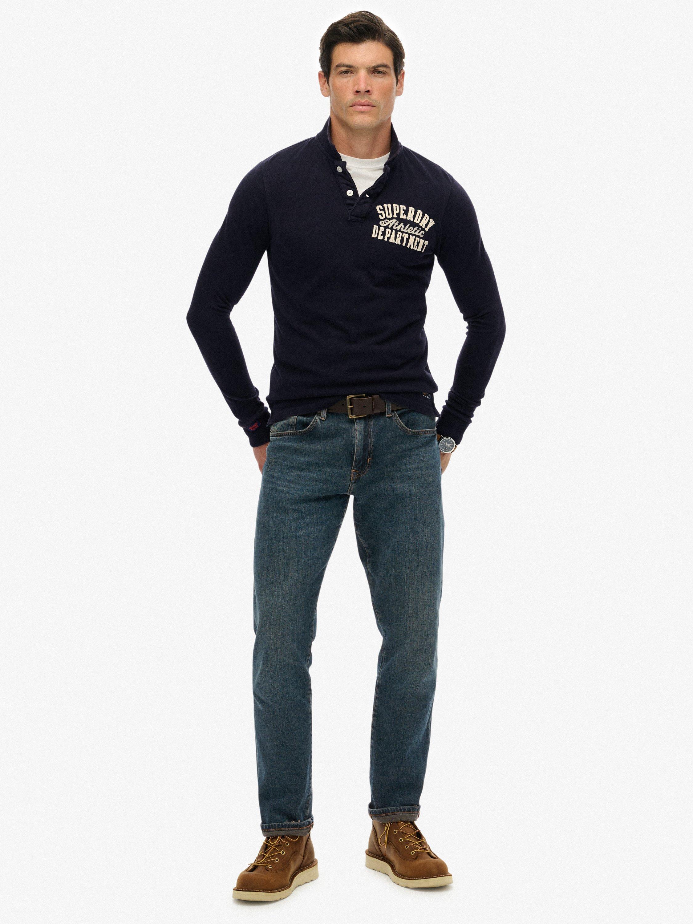 Product image 3 of 7, which shows Superdry Vintage Athletic Long Sleeve Cotton Polo Shirt, Eclipse Navy, S