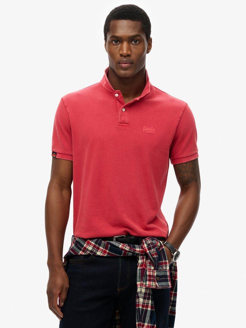 Product image 1 of 4, which shows Superdry Vintage Destroy Cotton Regular Fit Short Sleeve Polo Shirt, Cranberry Crush Red, S