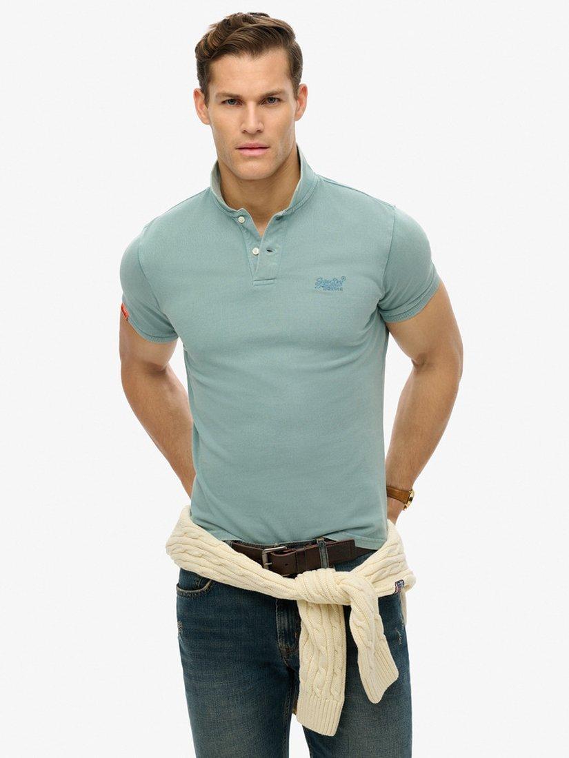 Product image 1 of 5, which shows Superdry Vintage Destroy Cotton Regular Fit Short Sleeve Polo Shirt, Tourmaline Blue, S