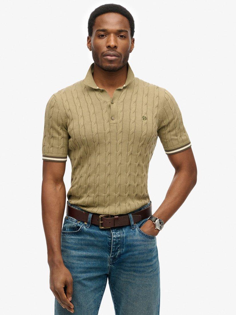 Product image 1 of 5, which shows Superdry Knitted Texture Short Sleeve Polo Shirt, Artichoke Green, S