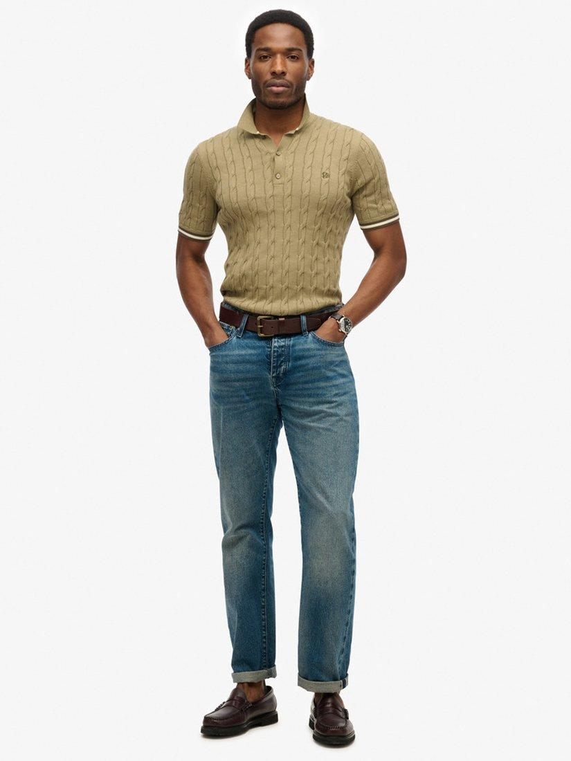 Product image 3 of 5, which shows Superdry Knitted Texture Short Sleeve Polo Shirt, Artichoke Green, S