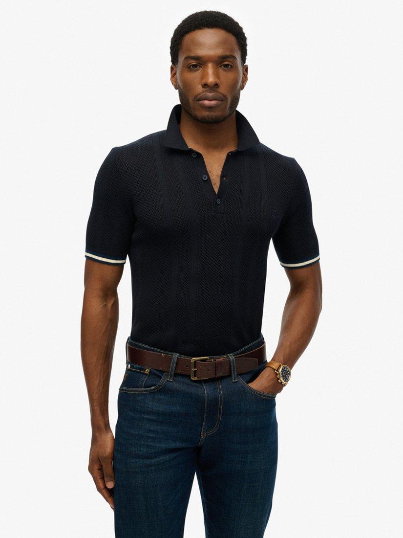 Product image 1 of 5, which shows Superdry Knitted Texture Polo Shirt, Classic Navy Linear, S