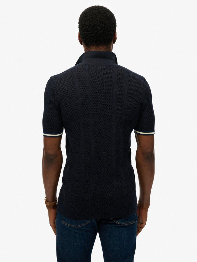 Product image 2 of 5, which shows Superdry Knitted Texture Polo Shirt, Classic Navy Linear, S