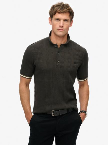 Superdry Knitted Texture Short Sleeve Polo Shirt, Carbon Black, Carbon Black