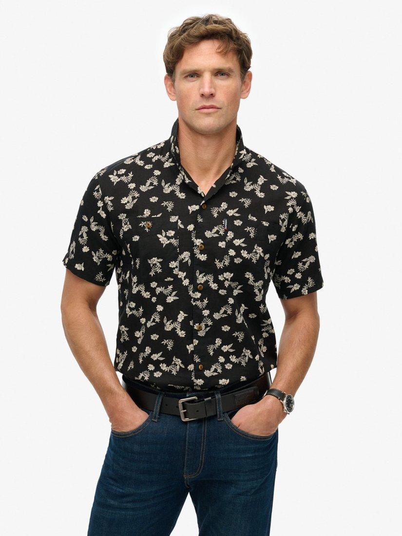 Product image 1 of 5, which shows SuperdryLinen Short Sleeve Beach Shirt, Black Petal, S