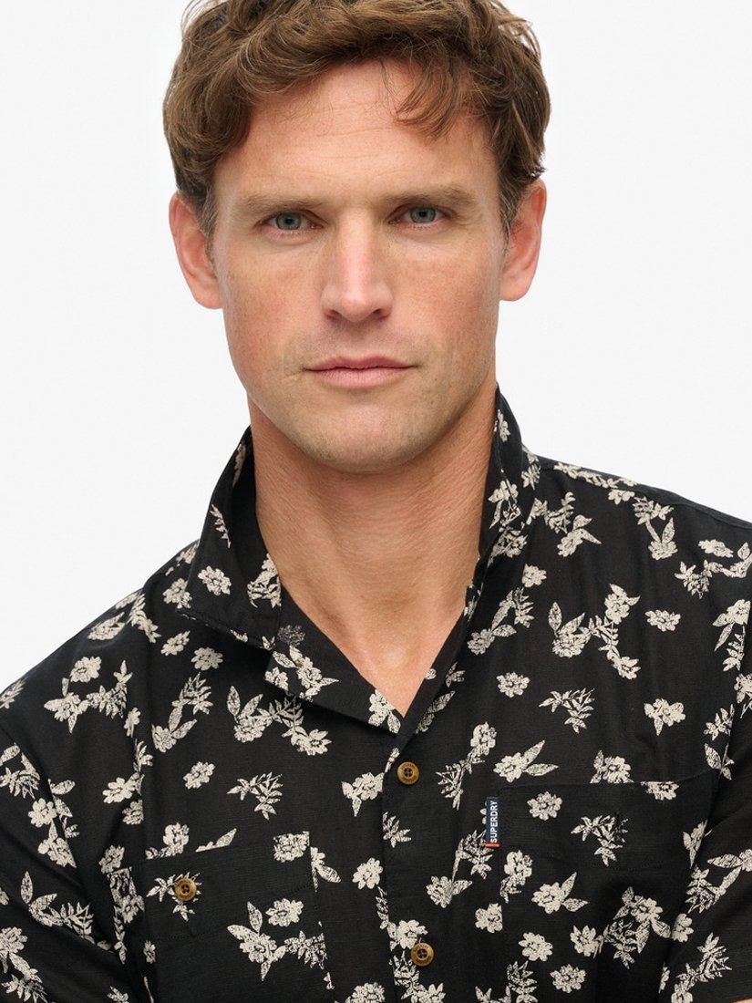 Product image 4 of 5, which shows SuperdryLinen Short Sleeve Beach Shirt, Black Petal, S