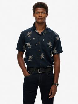 Superdry Linen Blend Regular Fit Animal Print Beach Shirt, Draconic Navy, Draconic Navy