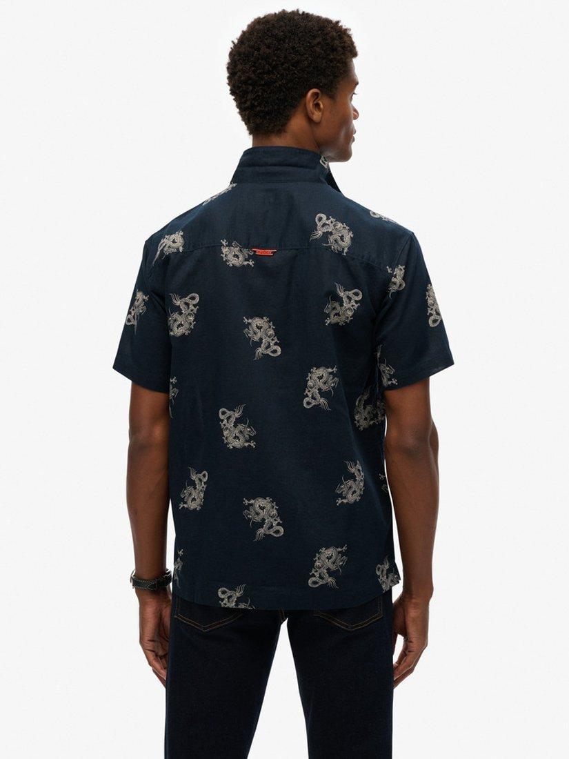 Product image 2 of 5, which shows Superdry Linen Blend Regular Fit Animal Print Beach Shirt, Draconic Navy, S