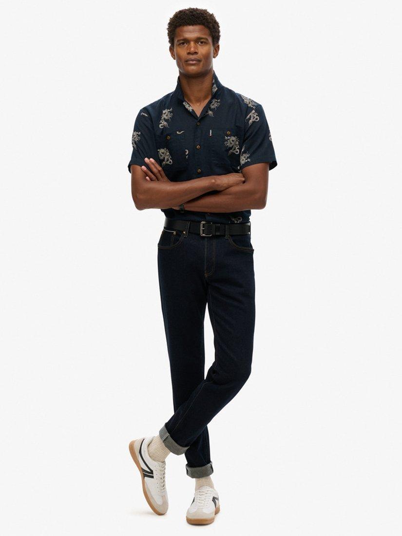Product image 3 of 5, which shows Superdry Linen Blend Regular Fit Animal Print Beach Shirt, Draconic Navy, S