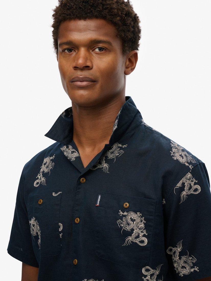 Product image 4 of 5, which shows Superdry Linen Blend Regular Fit Animal Print Beach Shirt, Draconic Navy, S