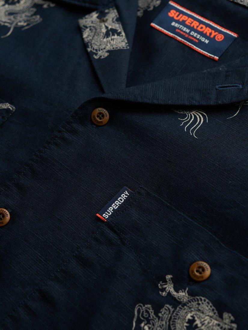 Product image 5 of 5, which shows Superdry Linen Blend Regular Fit Animal Print Beach Shirt, Draconic Navy, S
