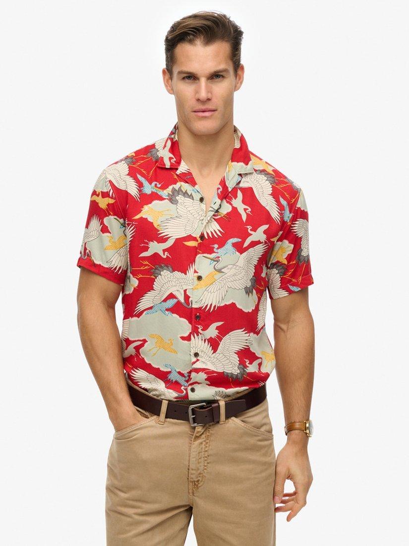 Product image 1 of 5, which shows Superdry Merchant Hawaiian Shirt, Tsuru Red, S