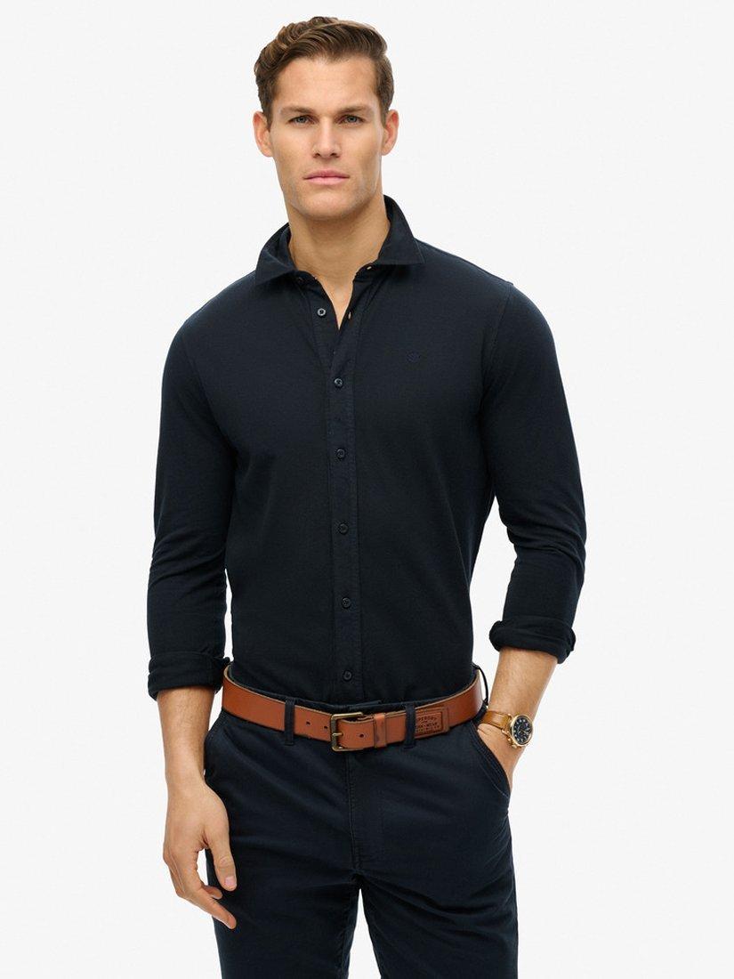 Product image 1 of 5, which shows Superdry Cotton Vintage Destroy Pique Long Sleeve Shirt, Eclipse Navy, S