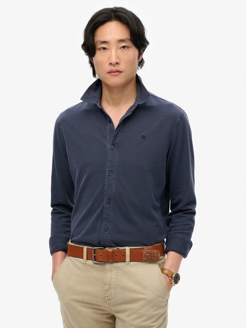 Product image 1 of 4, which shows Superdry Cotton Vintage Destroy Pique Long Sleeve Shirt, Sailing Navy, S