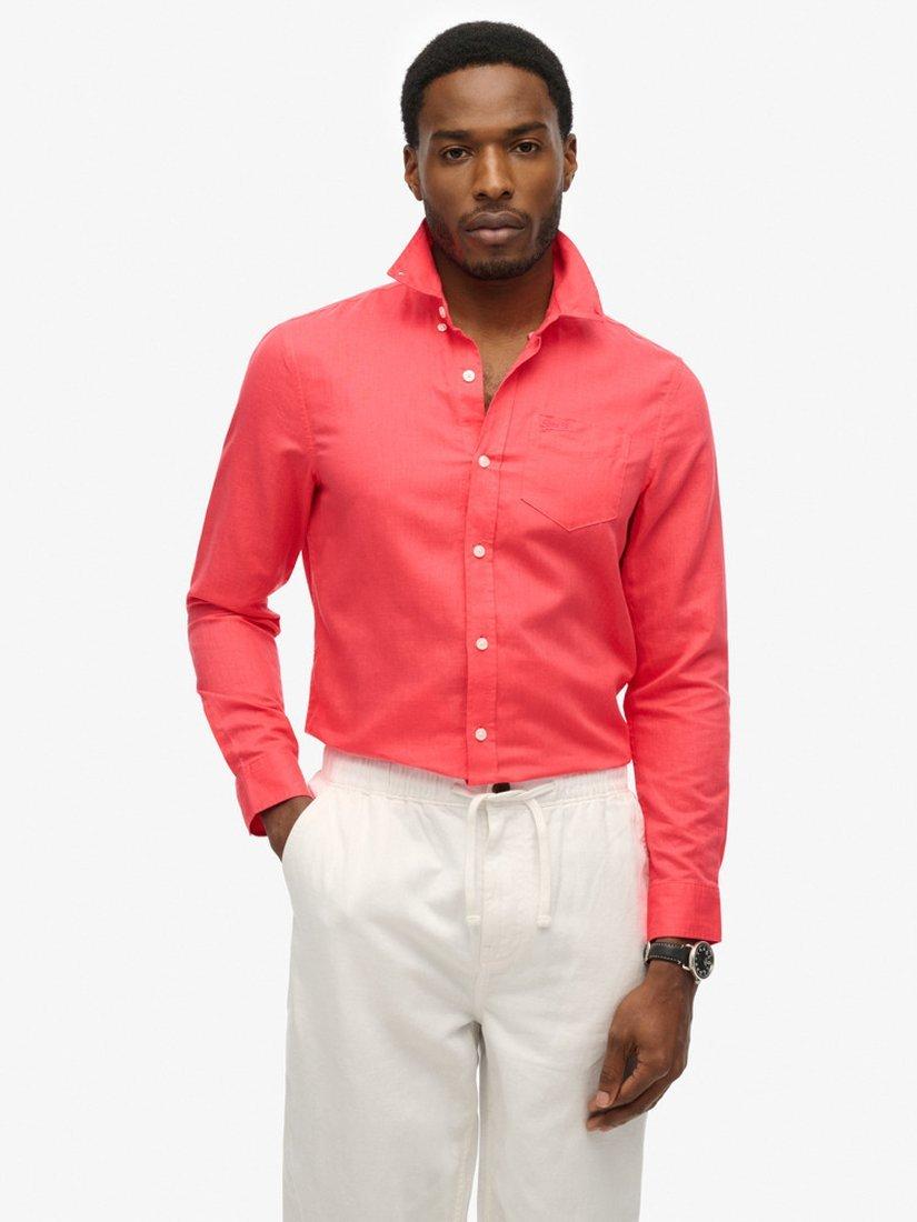 Product image 1 of 5, which shows Superdry Cotton Linen Blend Long Sleeve Shirt, Paradise Pink, S