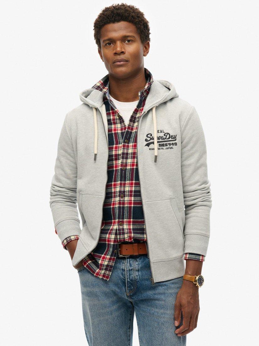 Product image 1 of 5, which shows Superdry Vintage Logo Embroidered Zip Hoodie, Mid Grey Marl, S