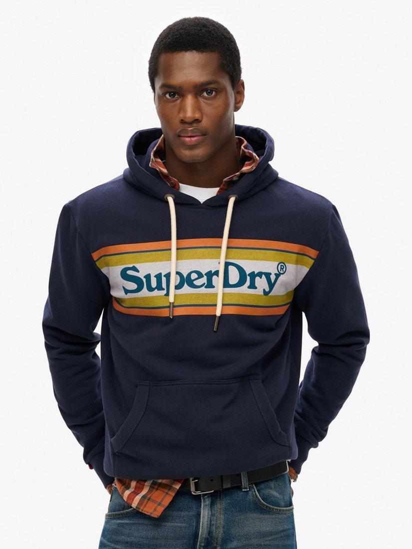 Product image 1 of 5, which shows Superdry Venue Logo Striped Relaxed Hoodie, Blue Navy Marl, S