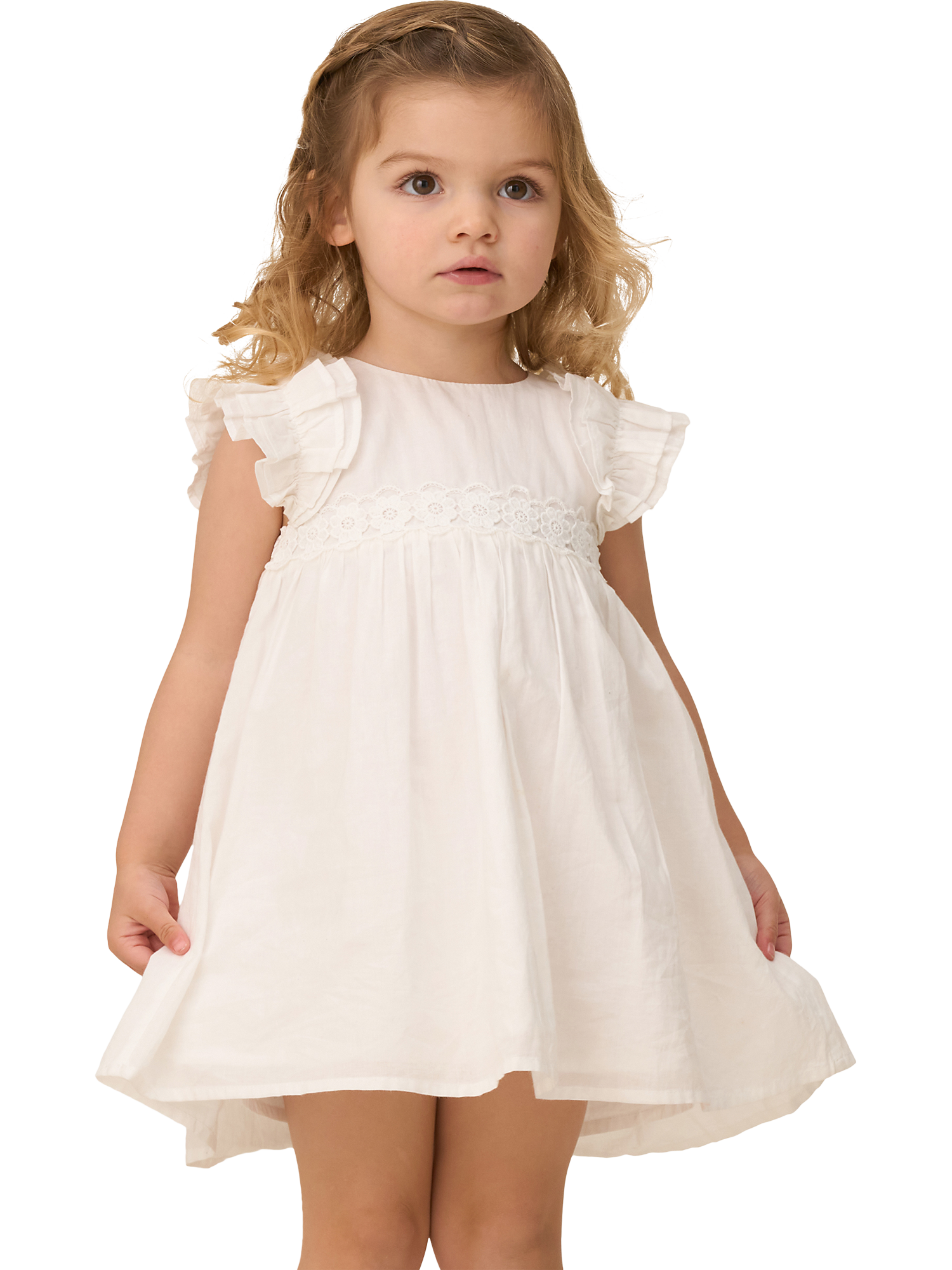 Product image 1 of 7, which shows Angel & Rocket Baby Cotton Flower Waist Dress, White, 3-6 months