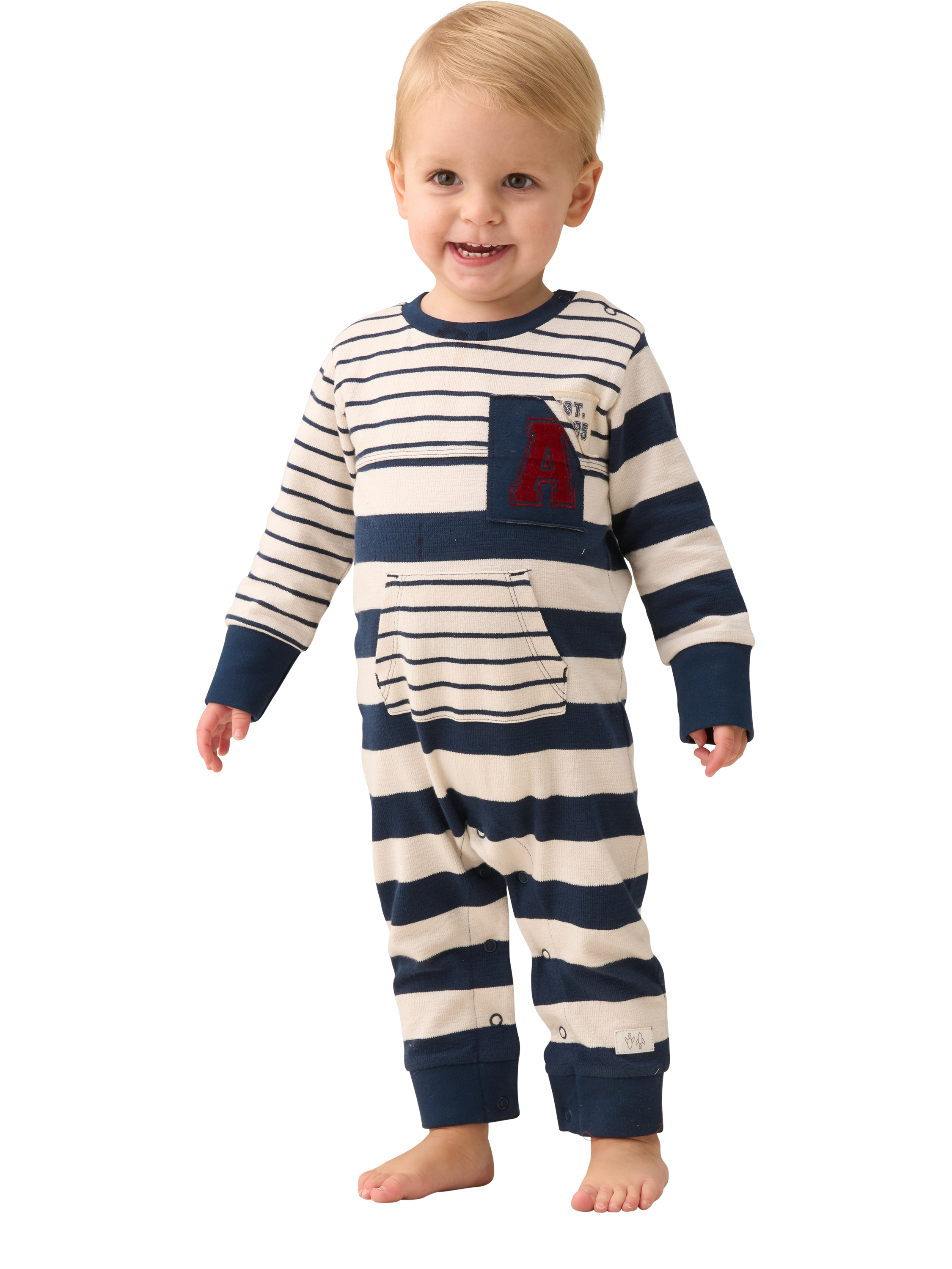Product image 1 of 6, which shows Angel & Rocket Baby Lewis Textured Cotton Stripe Block Bodysuit, Blue/White, 0-3 months