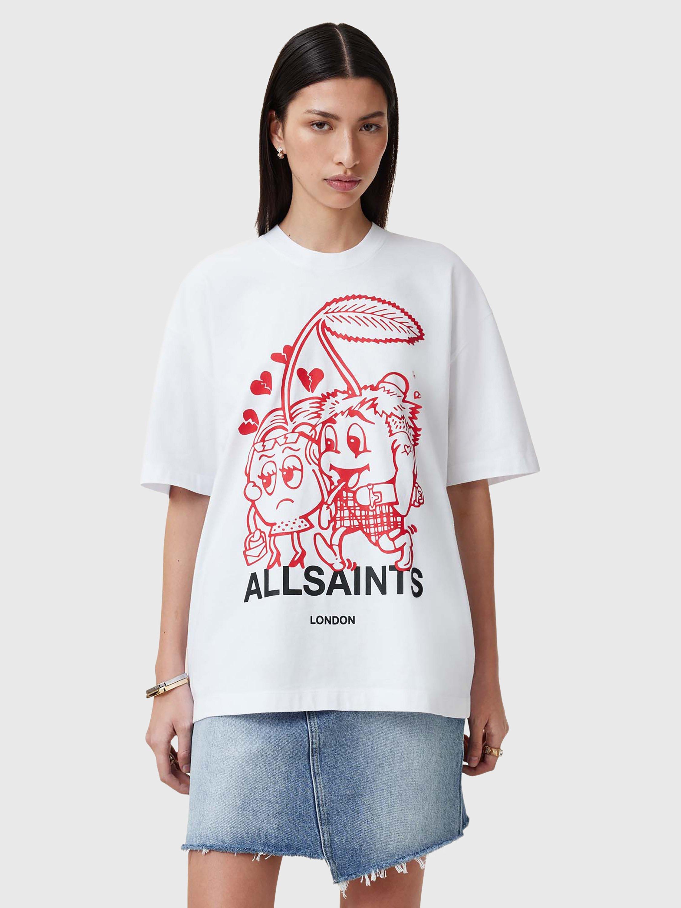 Product image 1 of 6, which shows AllSaints Breakup Etta Pure Organic Cotton T-Shirt, Chalk White/Multi, M