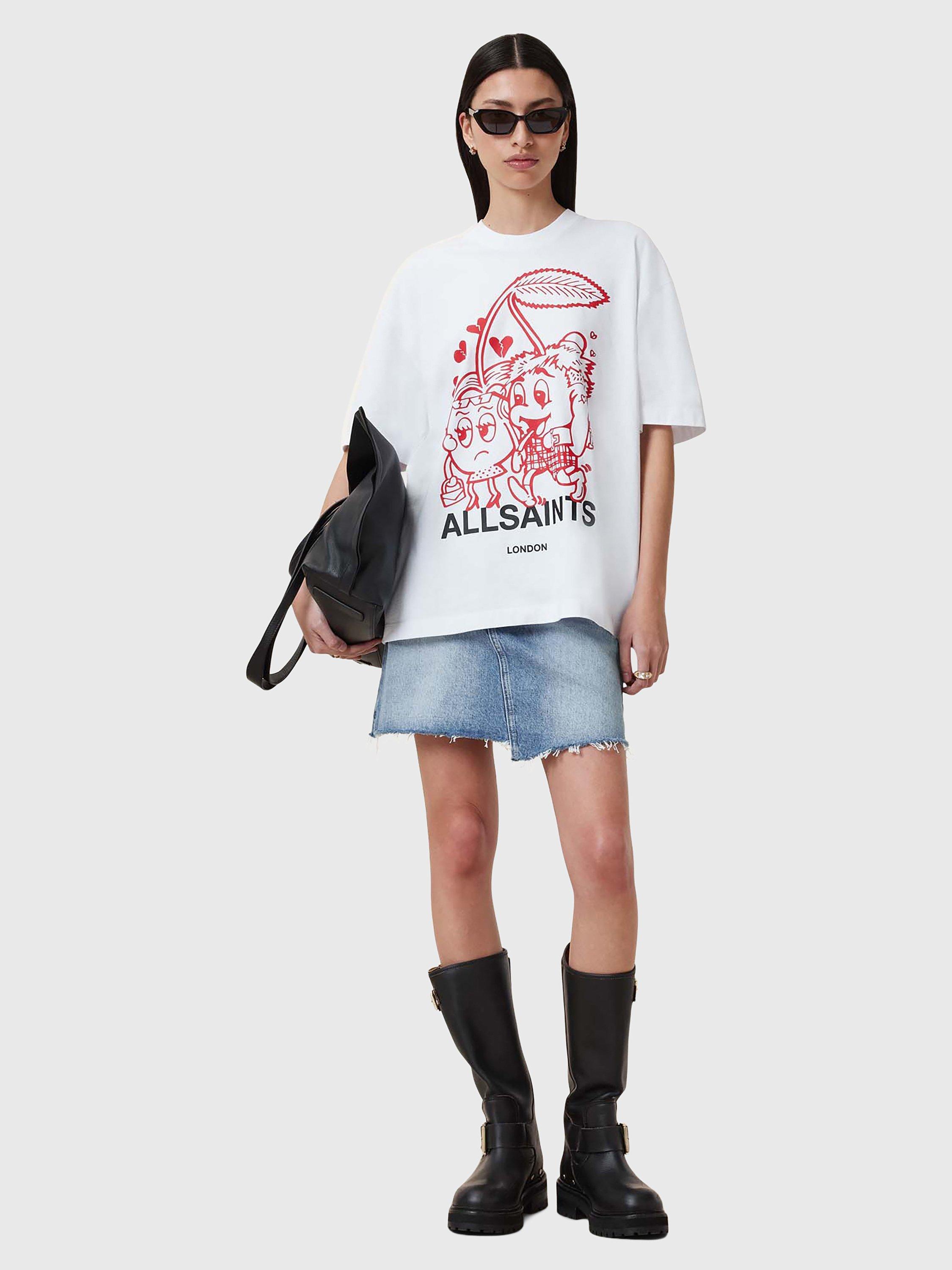 Product image 3 of 6, which shows AllSaints Breakup Etta Pure Organic Cotton T-Shirt, Chalk White/Multi, M