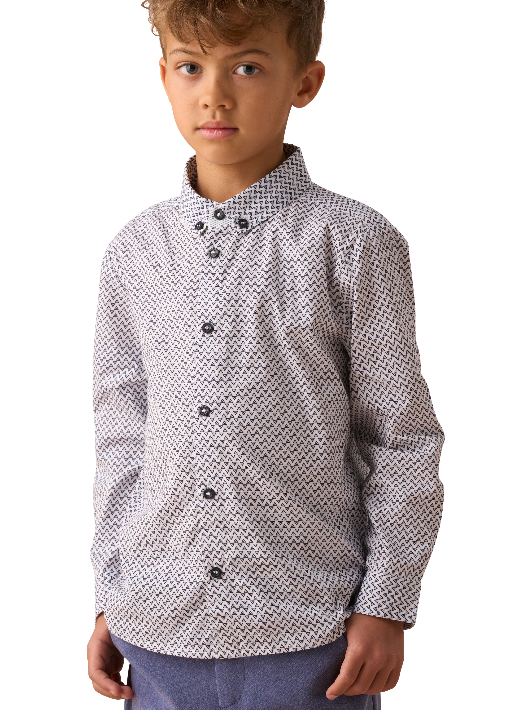 Product image 1 of 6, which shows Angel & Rocket Kids' Cotton Geometric Print Shirt, White/Multi, 3 years