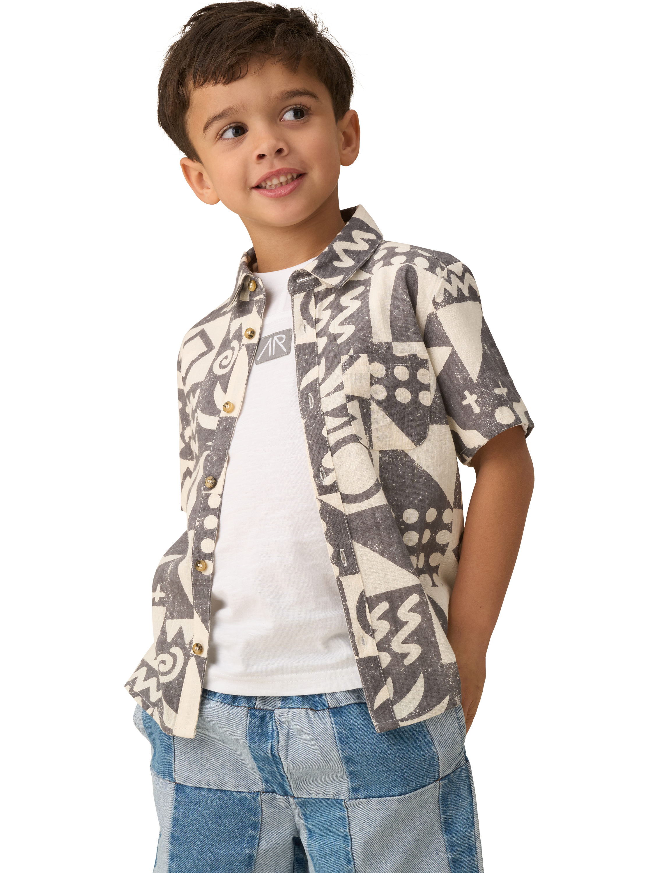 Product image 1 of 6, which shows Angel & Rocket Kids' Cotton Print Holiday Shirt, Black/Cream, 3 years