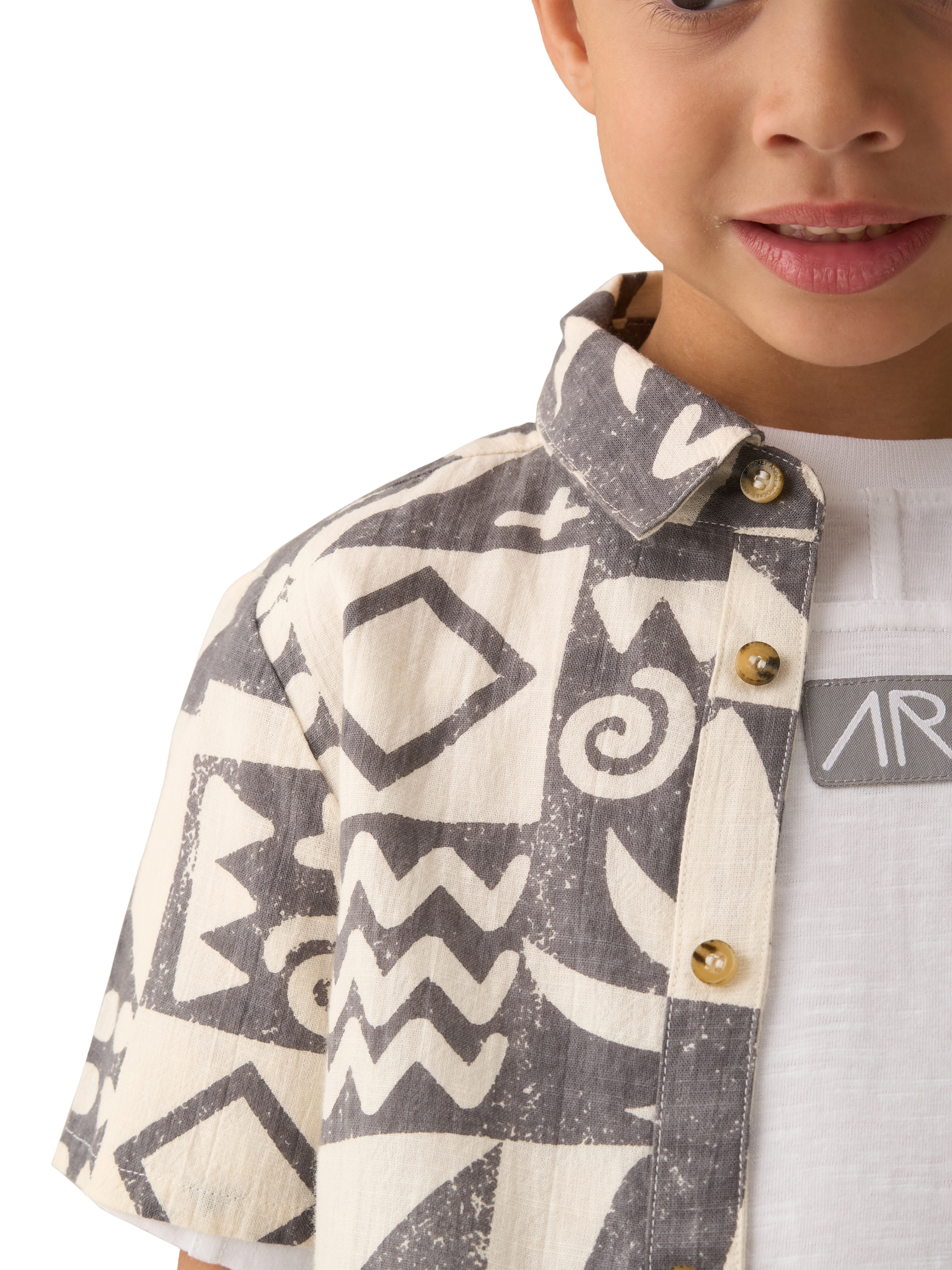 Product image 3 of 6, which shows Angel & Rocket Kids' Cotton Print Holiday Shirt, Black/Cream, 3 years