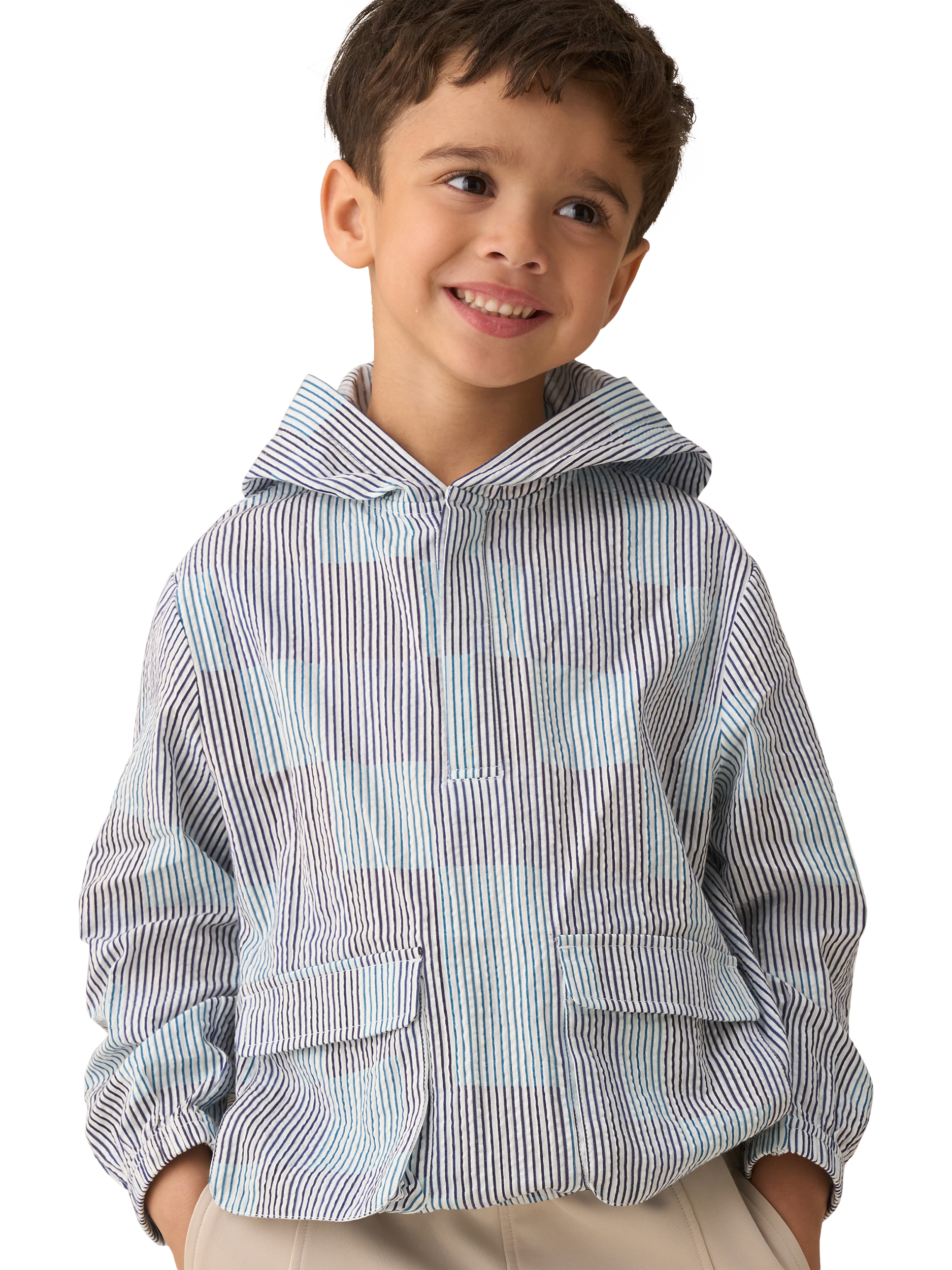Product image 1 of 4, which shows Angel & Rocket Kids' Leo Striped Hooded Shirt, Blue/Multi, 3 years