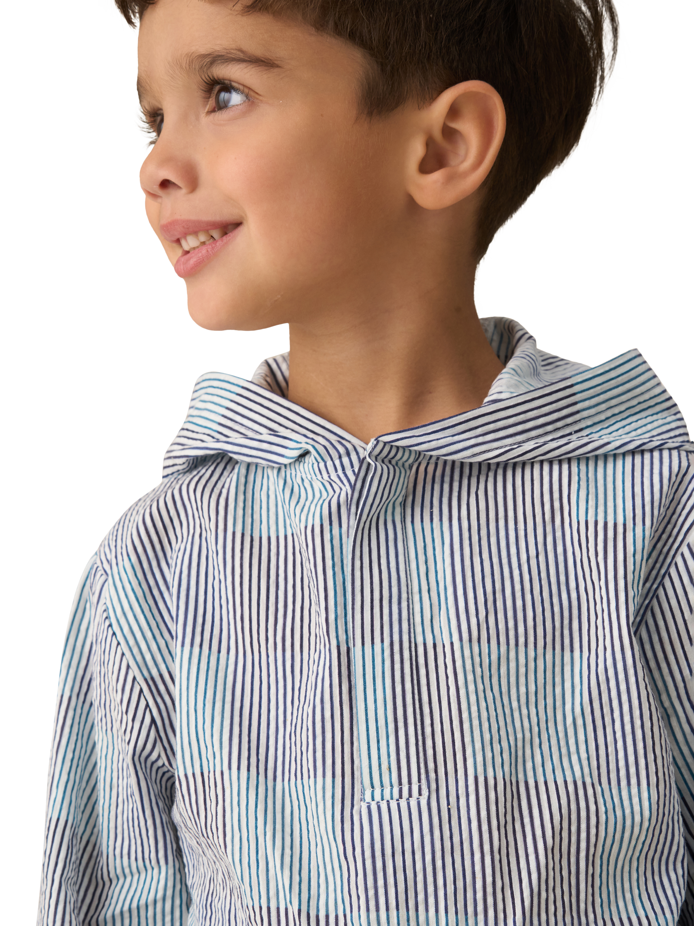 Product image 2 of 4, which shows Angel & Rocket Kids' Leo Striped Hooded Shirt, Blue/Multi, 3 years