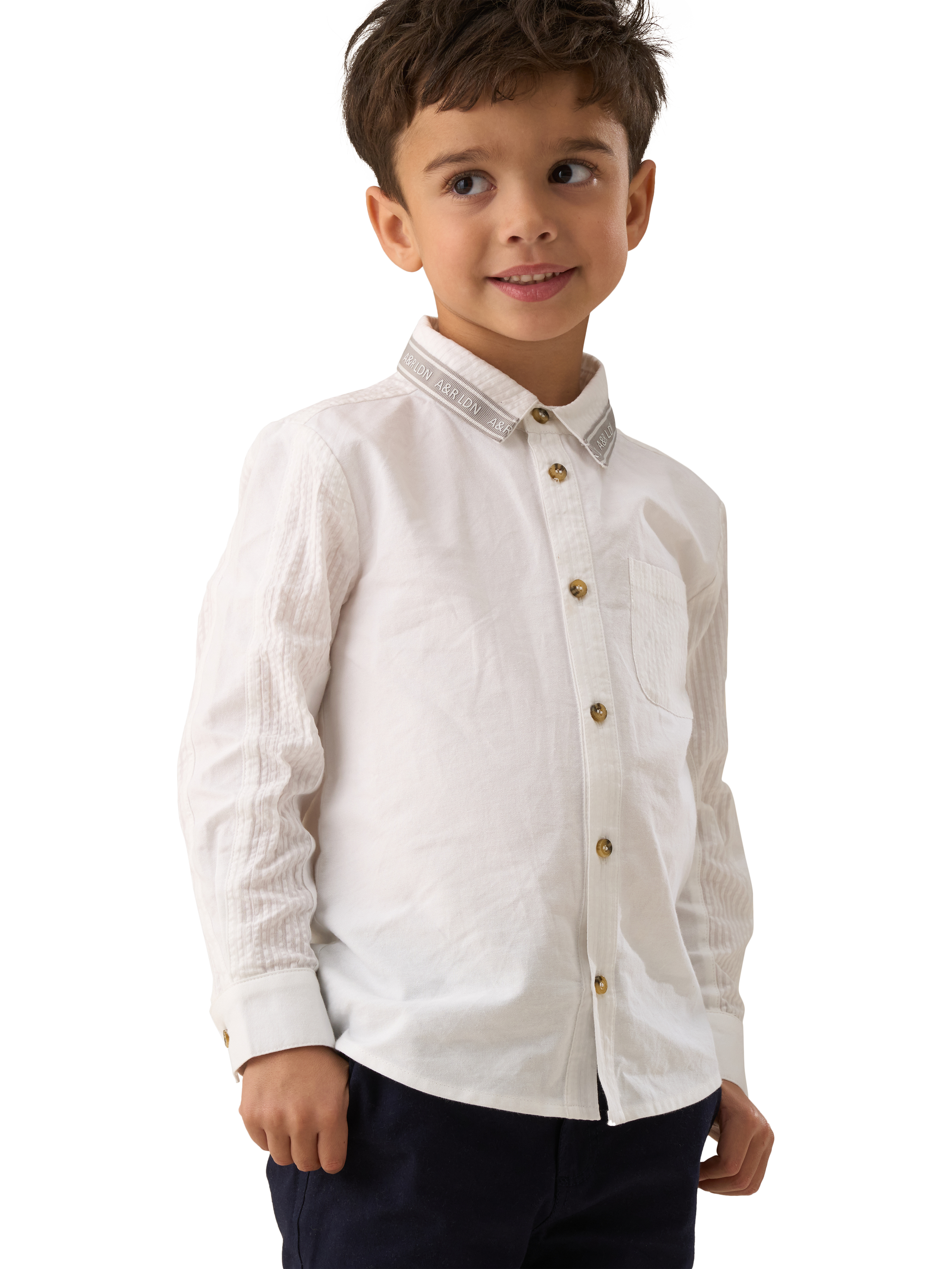 Product image 1 of 7, which shows Angel & Rocket Kids' Chase Cotton Textured Block Shirt, White/Multi, 3 years